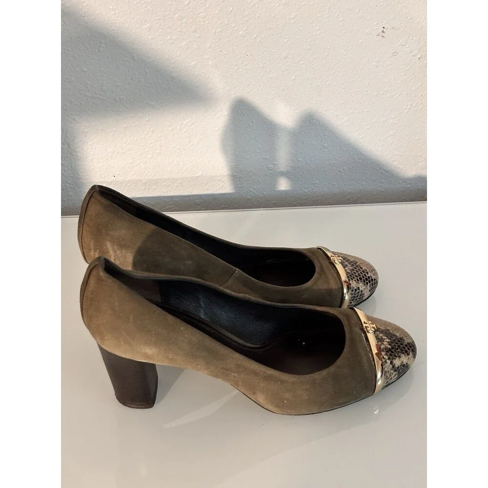 Tory Burch Suede‎ Snakeskin Cap Toe Pumps Size 8 Gold Logo Leather Sole Heels